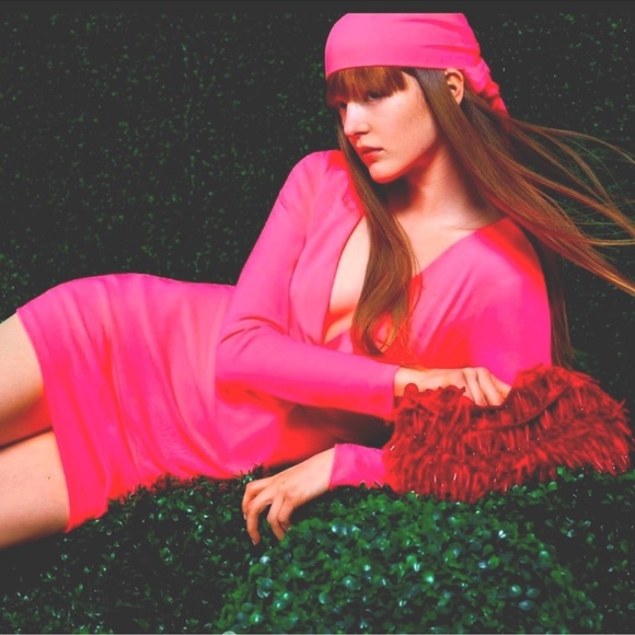 NWT ZARA Stretchy knotted Dress NEOn pink Long sleeves shoulder pads Zipper - Picture 2 of 16